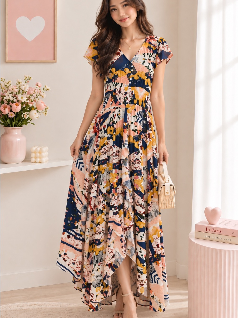 JAASE Multicolor Patchwork Boho Handkerchief Maxi Dress Size L